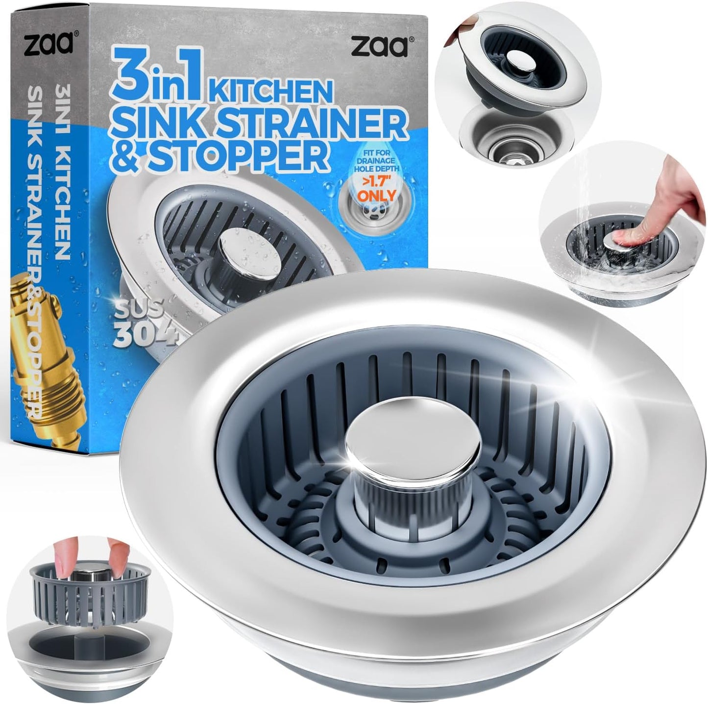 Sink Stopper Kitchen Drain 3 in 1 Kitchen Sink Drain Strainer with Anti Clogging Basket Kitchen Gadgets Clearance