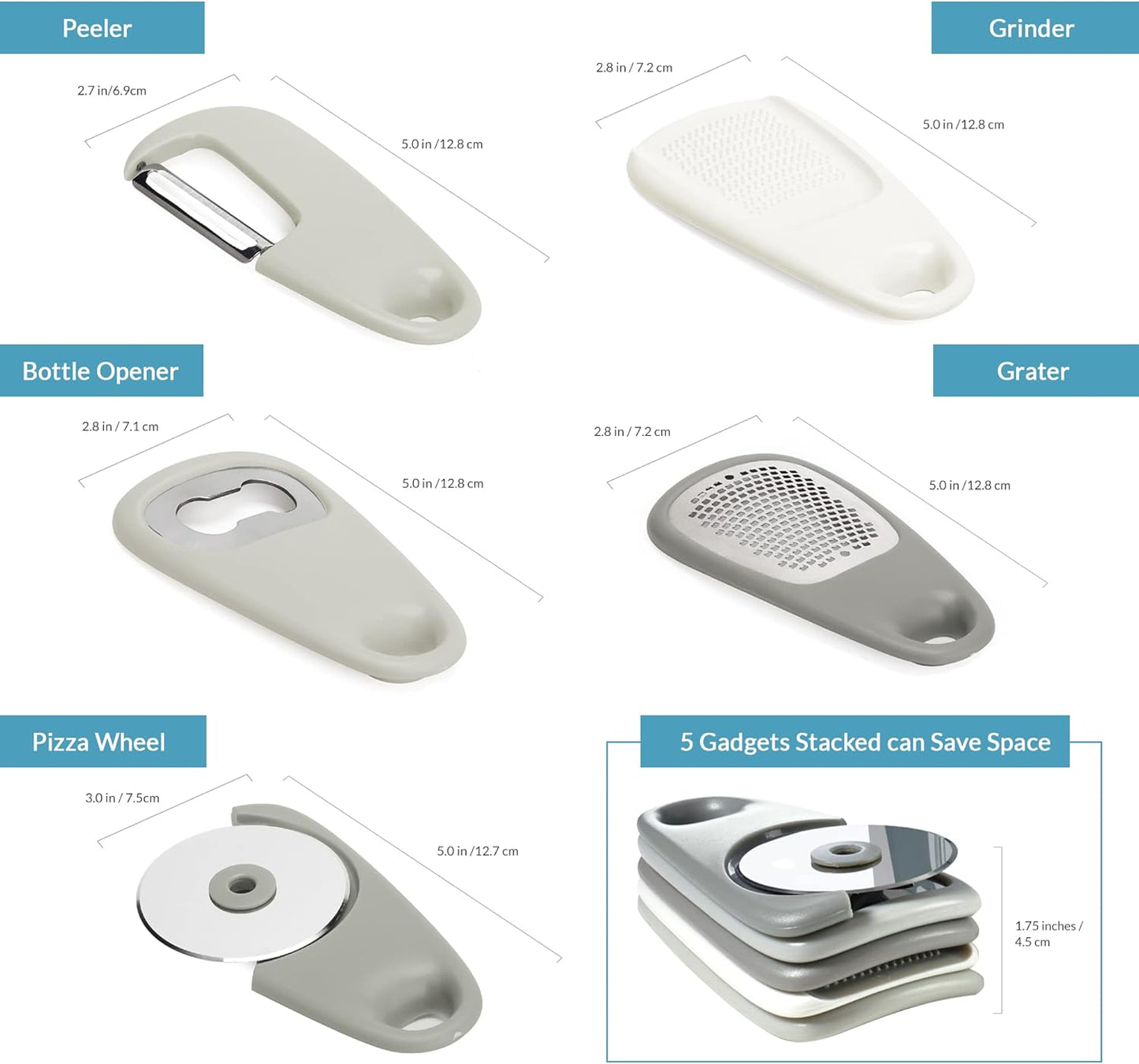 Set 5 Pieces Includes Pizza Cutter Cheese Grater Vegetable Peeler Bottle Opener Garlic Grinder RV Kitchen Accessories