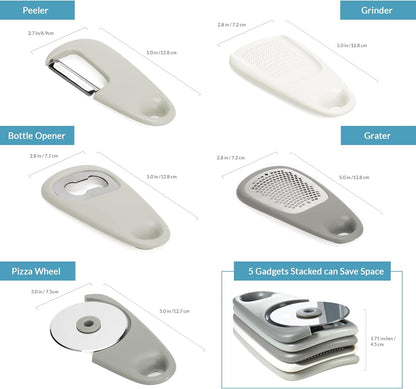 Set 5 Pieces Includes Pizza Cutter Cheese Grater Vegetable Peeler Bottle Opener Garlic Grinder RV Kitchen Accessories