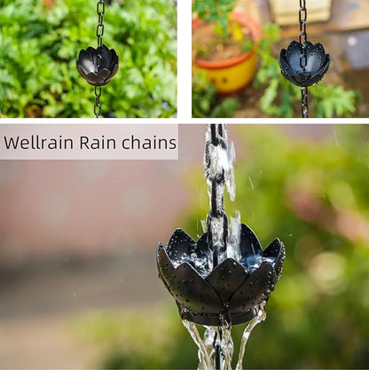 8.5ft Downspout Replacement with 12 Cups Heavy-Duty Black Metal Rain Catcher Divert Rainwater for Gardens Patios & Home Decor