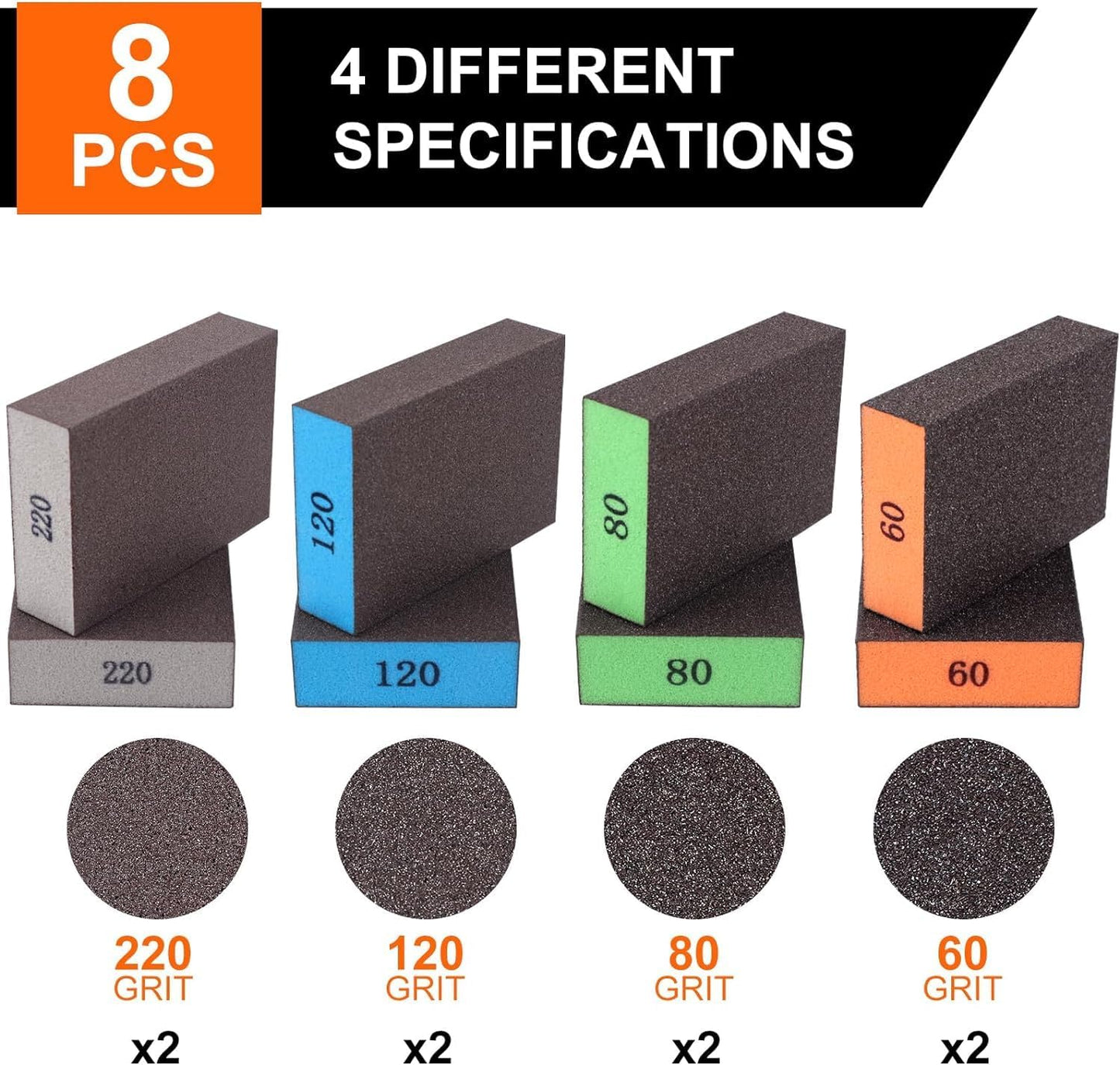 8 Pack Sanding Sponge Four Grits Per Pack 60/80/120/220 Washable and Reusable Handmade