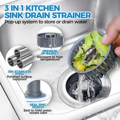 Sink Stopper Kitchen Drain 3 in 1 Kitchen Sink Drain Strainer with Anti Clogging Basket Kitchen Gadgets Clearance