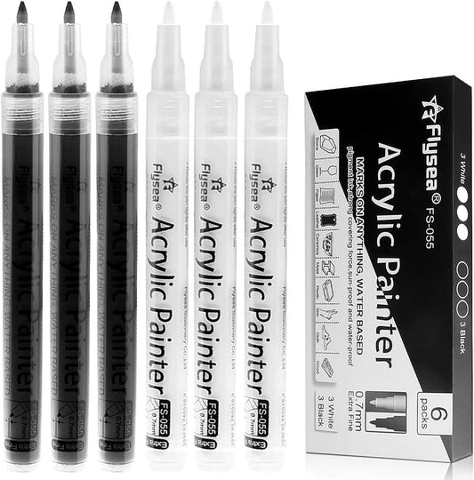 6 Pack 0.7mm Acrylic Black Permanent Marker White Paint Pens for Rock Painting Stone Wood Plastic Ceramic, Glass