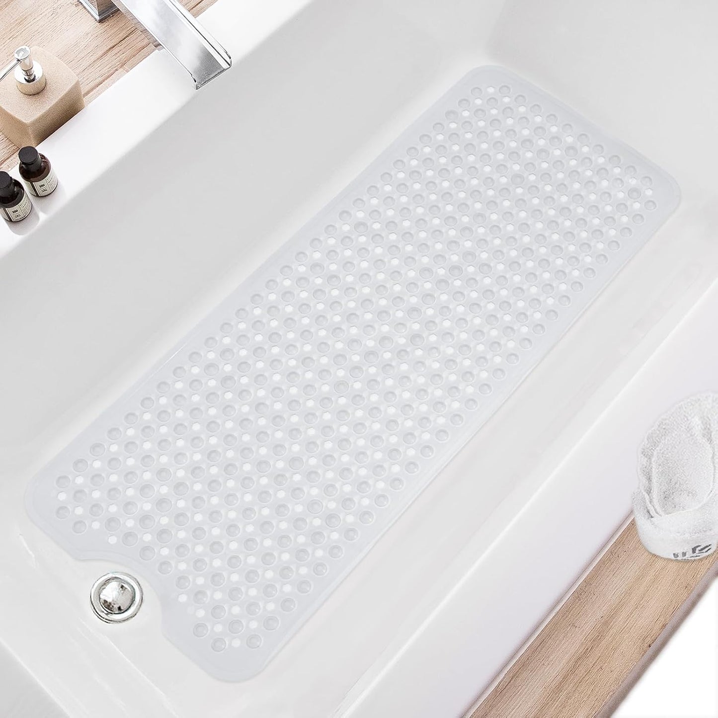 Non Slip 40 x 16 Inch Extra Long Bathtub Mat Machine Washable Bathmat with Drain Holes