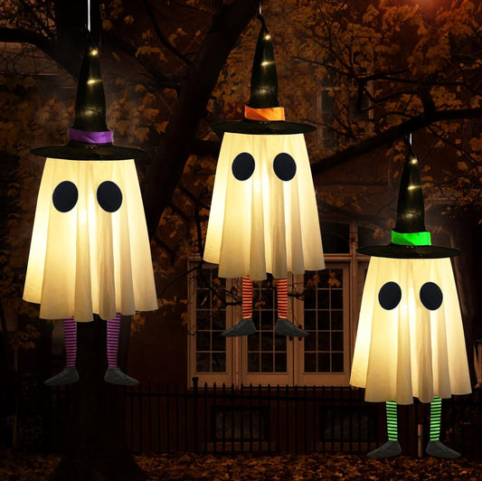 Set of 3 Glowing Ghosts with Witch Hat Lights for Yard Patio Garden Tree Outside