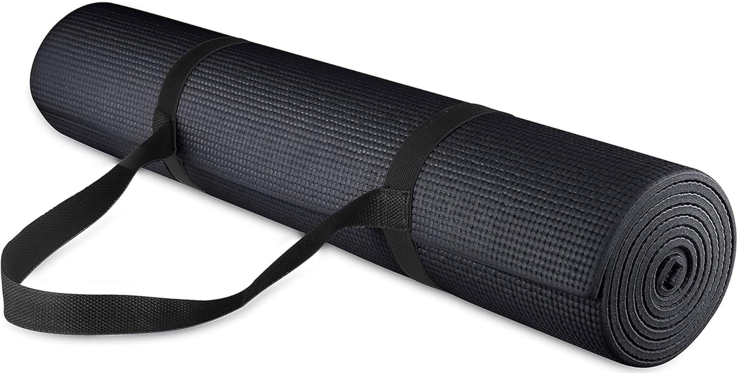 1/4 Inch High Density Anti Tear Exercise Yoga Mat with Carrying Strap Black Color