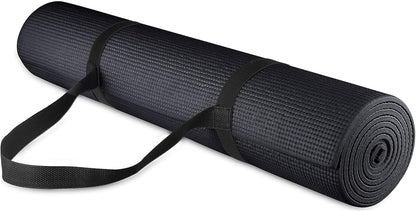 1/4 Inch High Density Anti Tear Exercise Yoga Mat with Carrying Strap Black Color