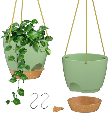 2 Pack Self Watering Hanging Plant Pots with Drainage Holes and Removable Saucer Plastic Flower