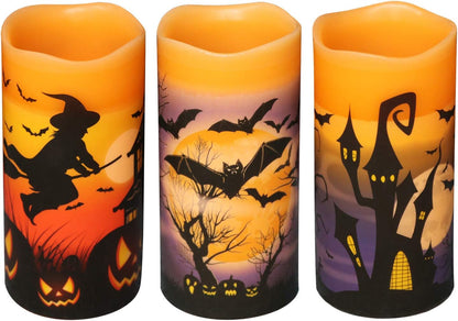 LED Flameless Pillar Candles Battery Operated with 6 Hour Timer Set of 3 Orange Wax Warm Light