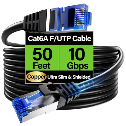 10Gbps 50 ft Slim Shielded (F/UTP) Ethernet Cable Cat 6 Flexible 28AWG Bare Copper Cat6 Cable