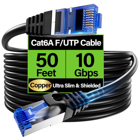 10Gbps 50 ft Slim Shielded (F/UTP) Ethernet Cable Cat 6 Flexible 28AWG Bare Copper Cat6 Cable