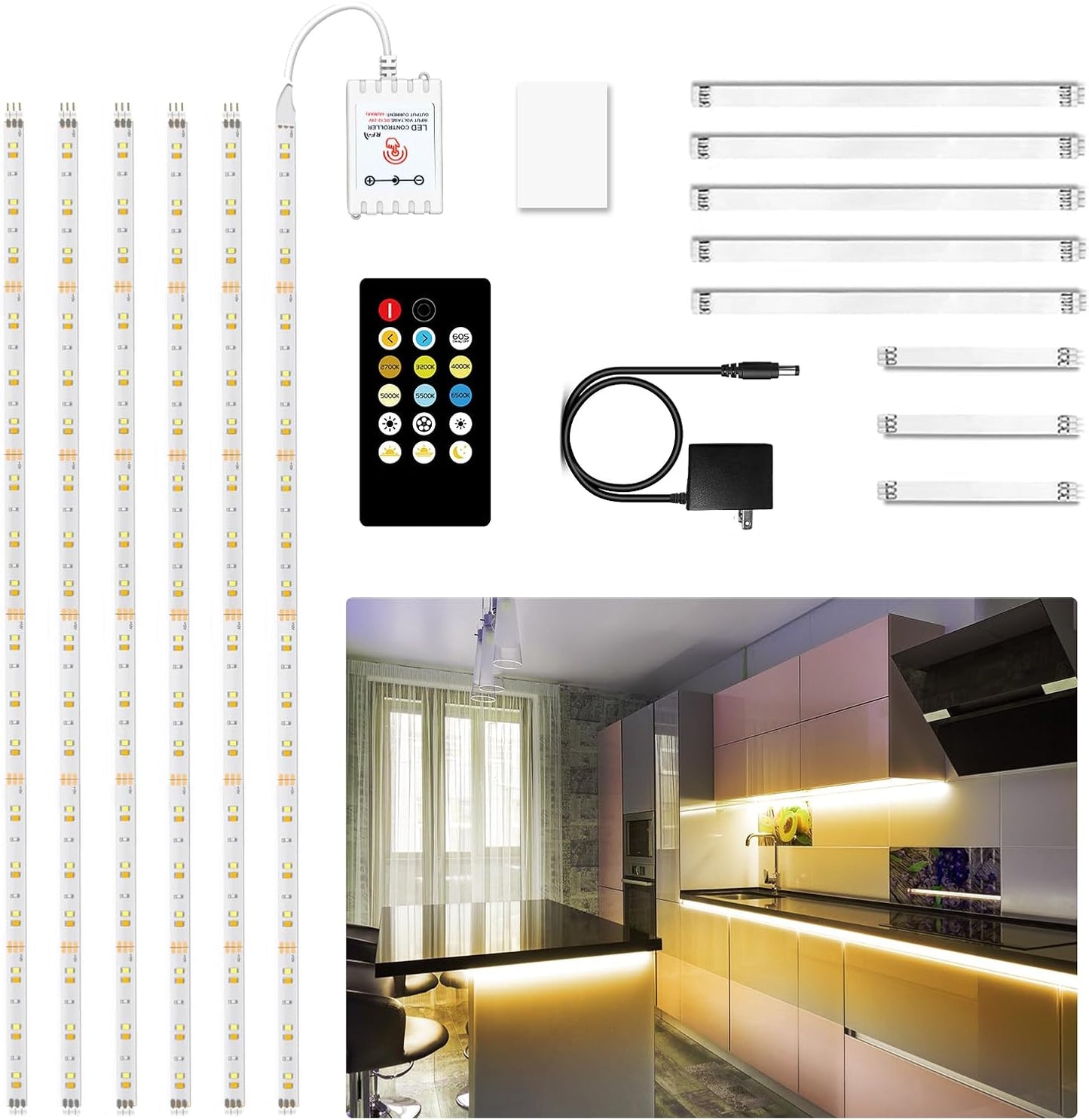 6 PCS Under Cabinet Lighting with Remote Dimmable LED Strip Lights for Bedroom