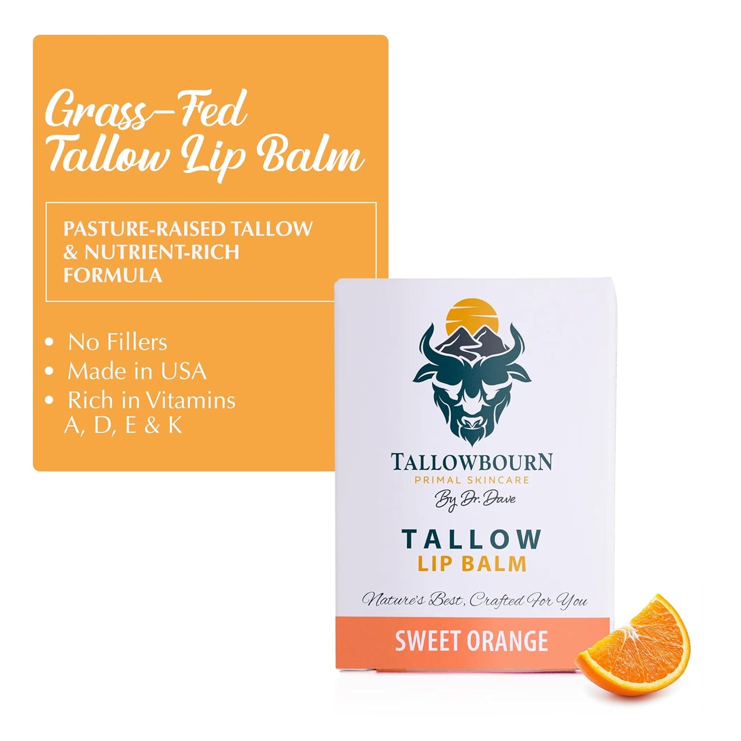 Grass-Fed Beef Tallow with Organic Coconut Oil Beeswax and Vitamin E – Sweet Orange Lip Balm Set