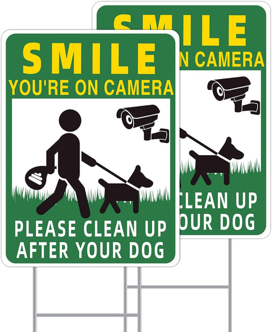 2 Pack 13"x10" Double Sided H Stake Metal Stakes Smile Your on Camera Signs No Pooping Dog Signs