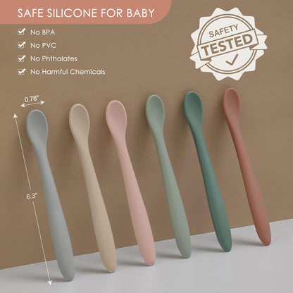 6 Piece Silicone  Baby Feeding Spoons First Stage Infant Spoons Soft-Tip Easy on Gums  Baby Training Spoon