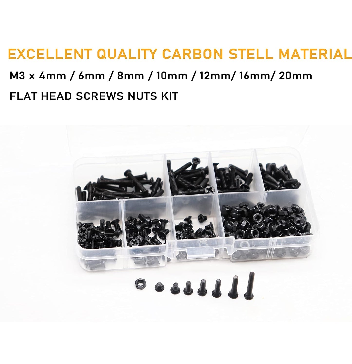 M3 Screws Kit, 360pcs (7 Sizes) M3-0.5mm Black Countersunk Flat Head Phillips Machine Screws and Hex Nuts Kit for 3D Printer Robot