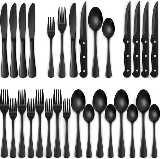 Black Silverware Set with Steak Knives Black Flatware Set for 4 Food-Grade Stainless Steel Tableware Cutlery Set