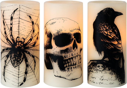 Flickering Candles Battery Operated with 6H Timer Skull Spider Web Crow Raven Spooky