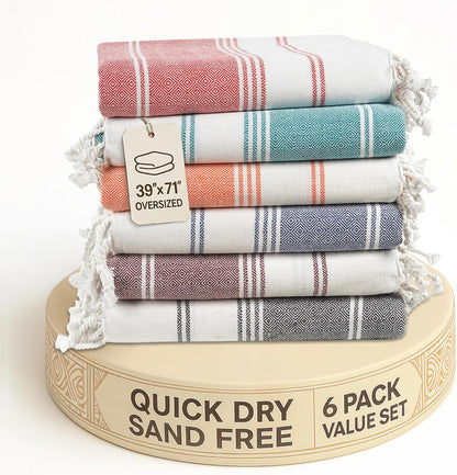 6 Pack Oversized Pre Washed Beach Towels Stylish Quick-Dry Pool & Travel Towels for Adults