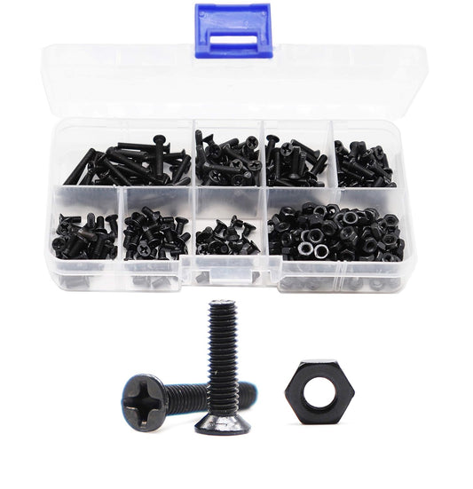 M3 Screws Kit, 360pcs (7 Sizes) M3-0.5mm Black Countersunk Flat Head Phillips Machine Screws and Hex Nuts Kit for 3D Printer Robot
