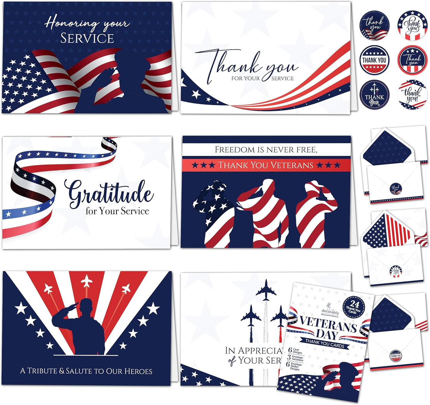 24 Pack 6x4in Veteran Thank You Cards with Envelopes and Stickers 6 Patriotic Designs Thank You for Your Service Cards