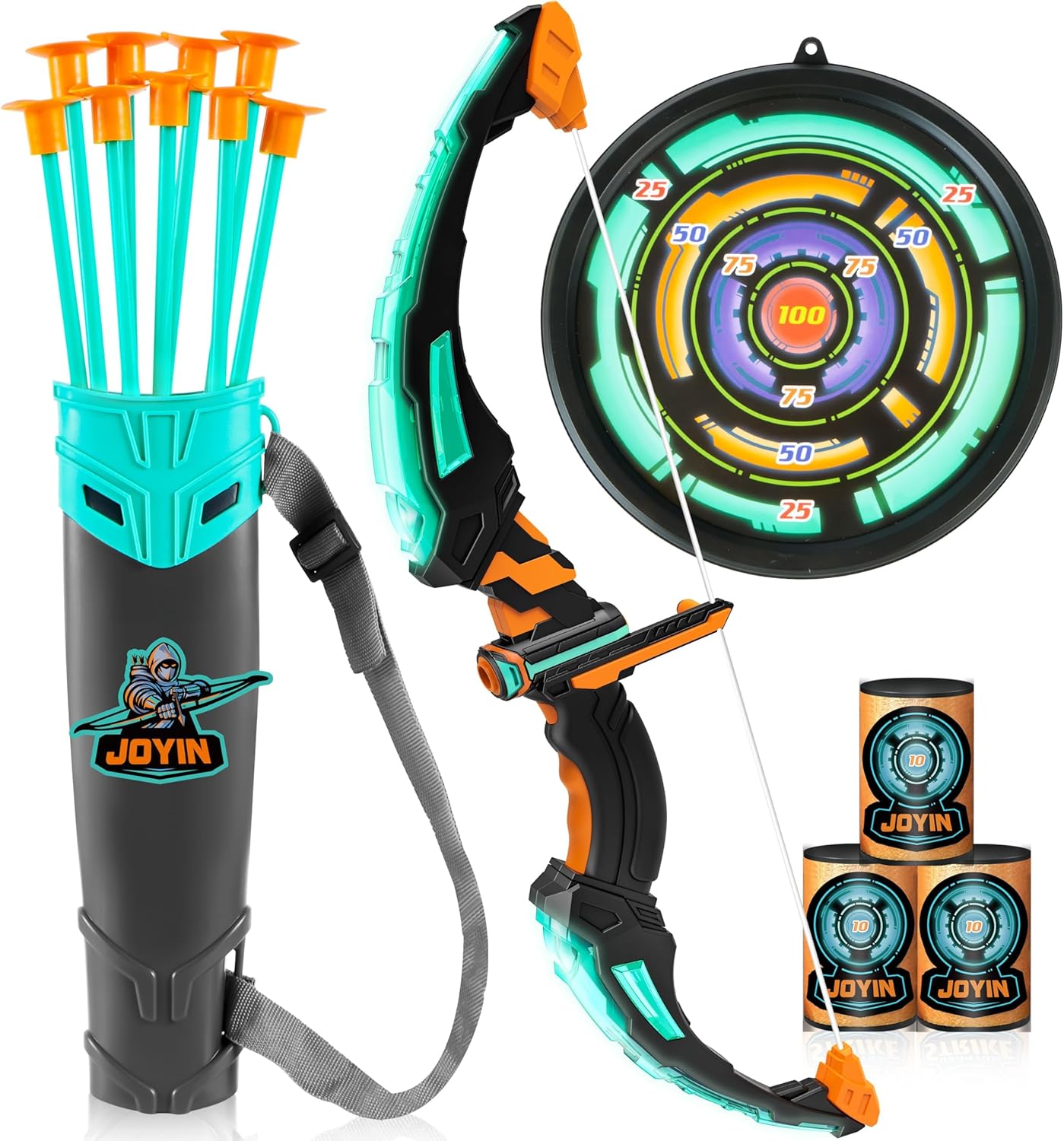 LED Light Up Archery Toy Set with 9 Suction Cup Arrows Target & Arrow Case Indoor and Outdoor Hunting Play