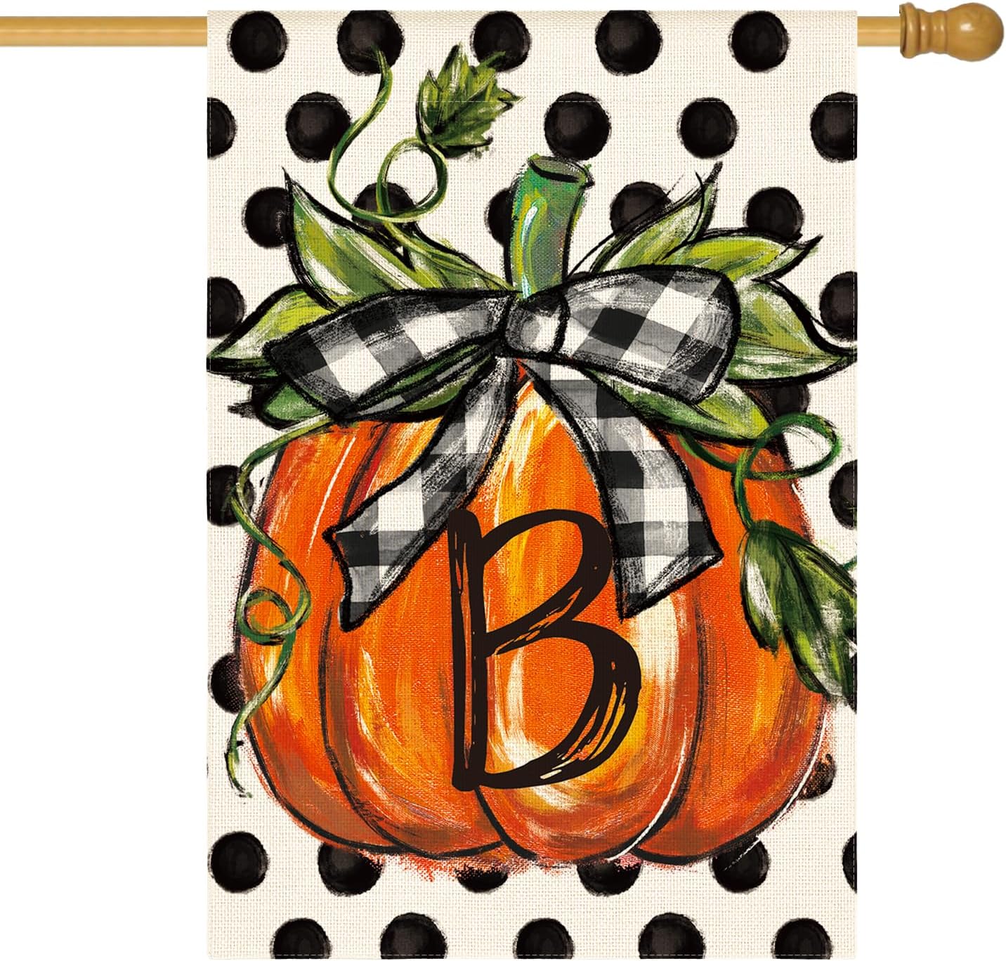 Fall Monogram Letter B House Flag Polka Dot Pumpkin 28x40 Inch Double Sided Outside, Small Burlap Family