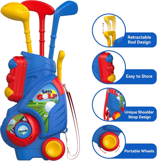 Golf Set Upgraded Kids Golf Cart with Unique Shoulder Strap Design Indoor Outdoor Sports Toys
