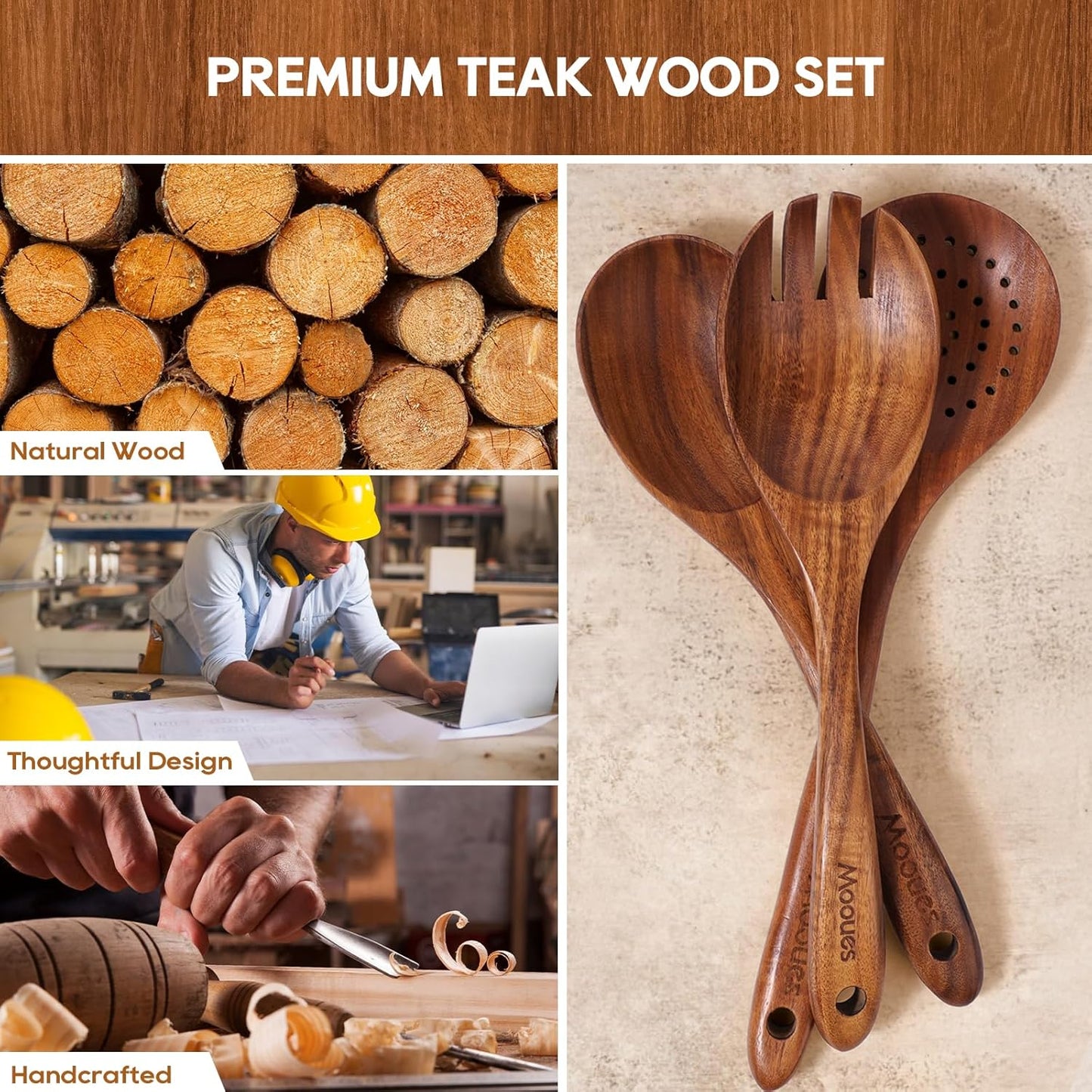 10PCS Teak Wood Cookware Utensil Set with Hooks Smooth Finish Non-Stick Comfortable Grip