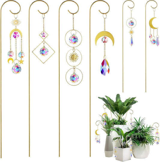 6 Pack Small Trellis for Potted Plants Indoor with Colorful Crystal Sun Catcher 13.5'' Metal Plant Stake