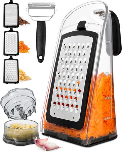 Garlic Crusher- Box Grater Vegetable Shredder with 3 Stainless Steel Blades Graters for Kitchen Cheese Graters with Handle