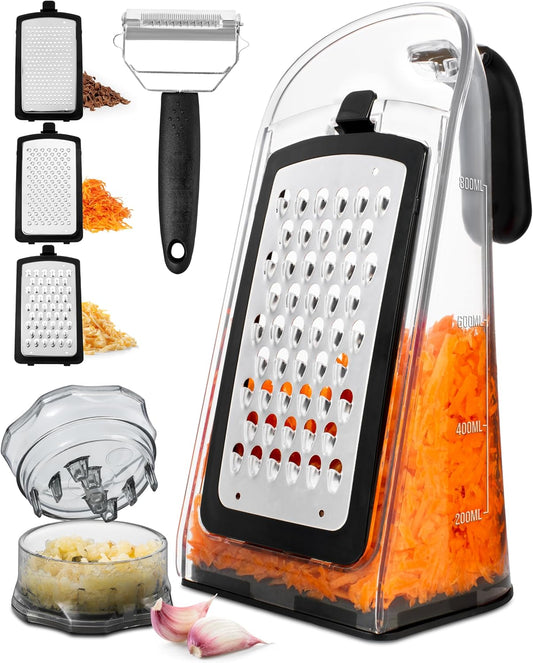 Garlic Crusher- Box Grater Vegetable Shredder with 3 Stainless Steel Blades Graters for Kitchen Cheese Graters with Handle
