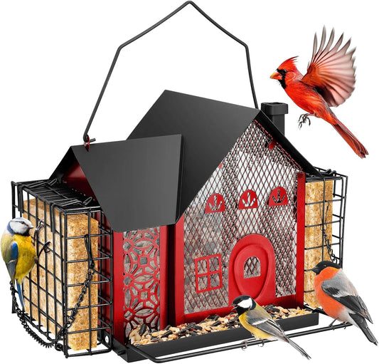Metal Bird Feeder with Double Suet Cage Ideal Birdfeeders Outside Hanging Weatherproof & Large Capacity