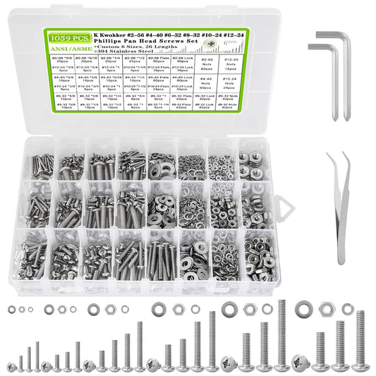 Nuts and Bolts Assortment Kit Phillips Pan Head #2-56#4-40#6-32#8-32#10-24#12-24 Machine Screws 26 Sizes 304 Stainless Steel Screws Nut and Bolt