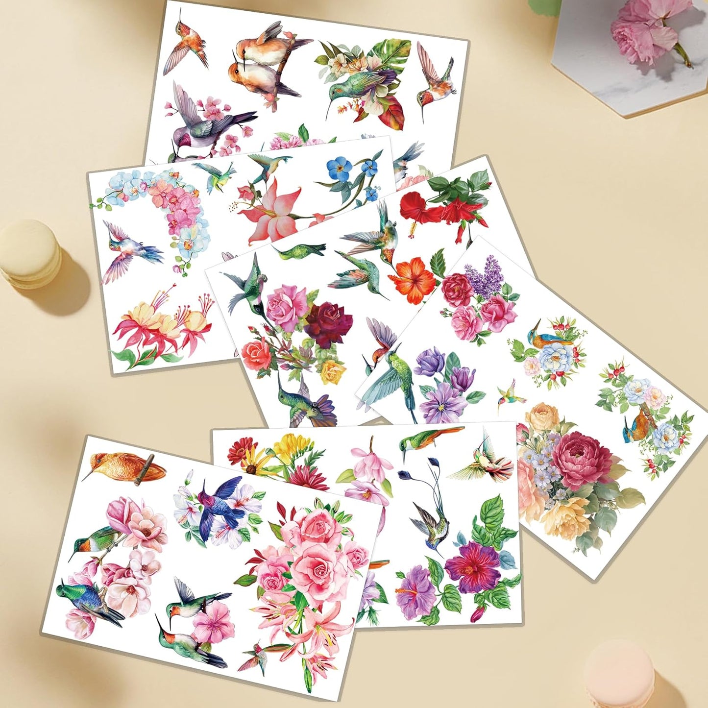 6 Pcs Hummingbird and Flower Rub on Transfer for Crafting Decals Iod Transfer Stickers
