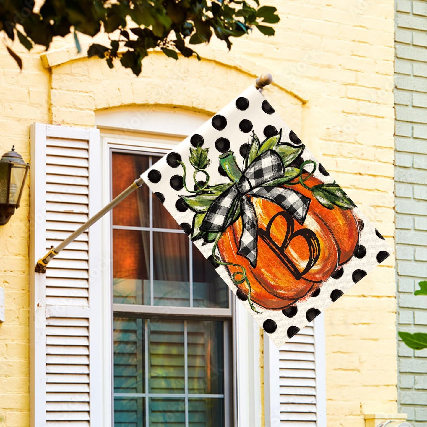 Fall Monogram Letter B House Flag Polka Dot Pumpkin 28x40 Inch Double Sided Outside, Small Burlap Family