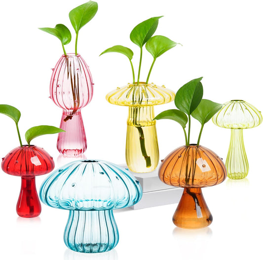 Set of 6 Colored Mushroom Vase Propagation Stations Small Plant Terrarium Unique Crystal Mushroom Jars for Plants