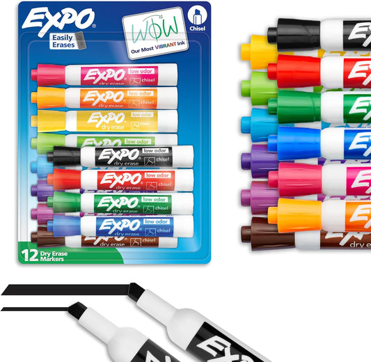 Erase Markers Low Odor Ink Assorted Colors Chisel Tip 12 Count  Easily Erases Vibrant Ink Ideal for Classroom