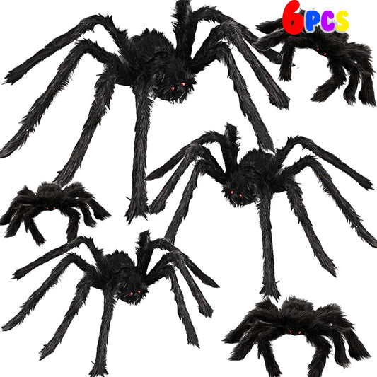 6 PCS Giant Hairy Black Spiders Set with Different Sizes (36” 30” 24” 18” 12”), Realistic Scary Fake Spiders