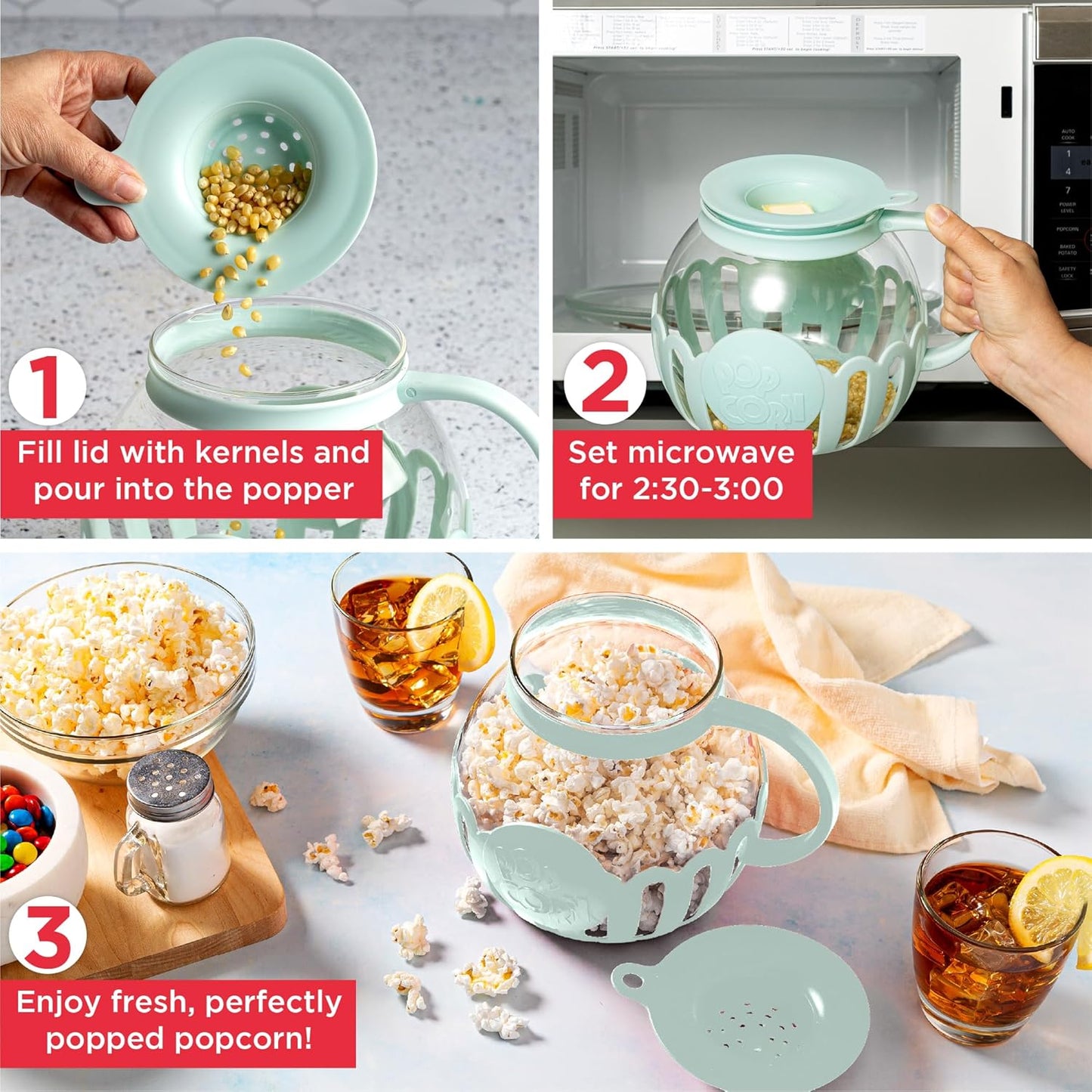 Microwave Popcorn Popper with Temperature Safe Glass 3-in-1 Lid Measures Kernels and Melts Butter