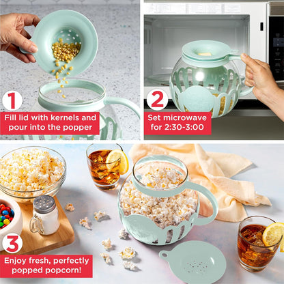 Microwave Popcorn Popper with Temperature Safe Glass 3-in-1 Lid Measures Kernels and Melts Butter