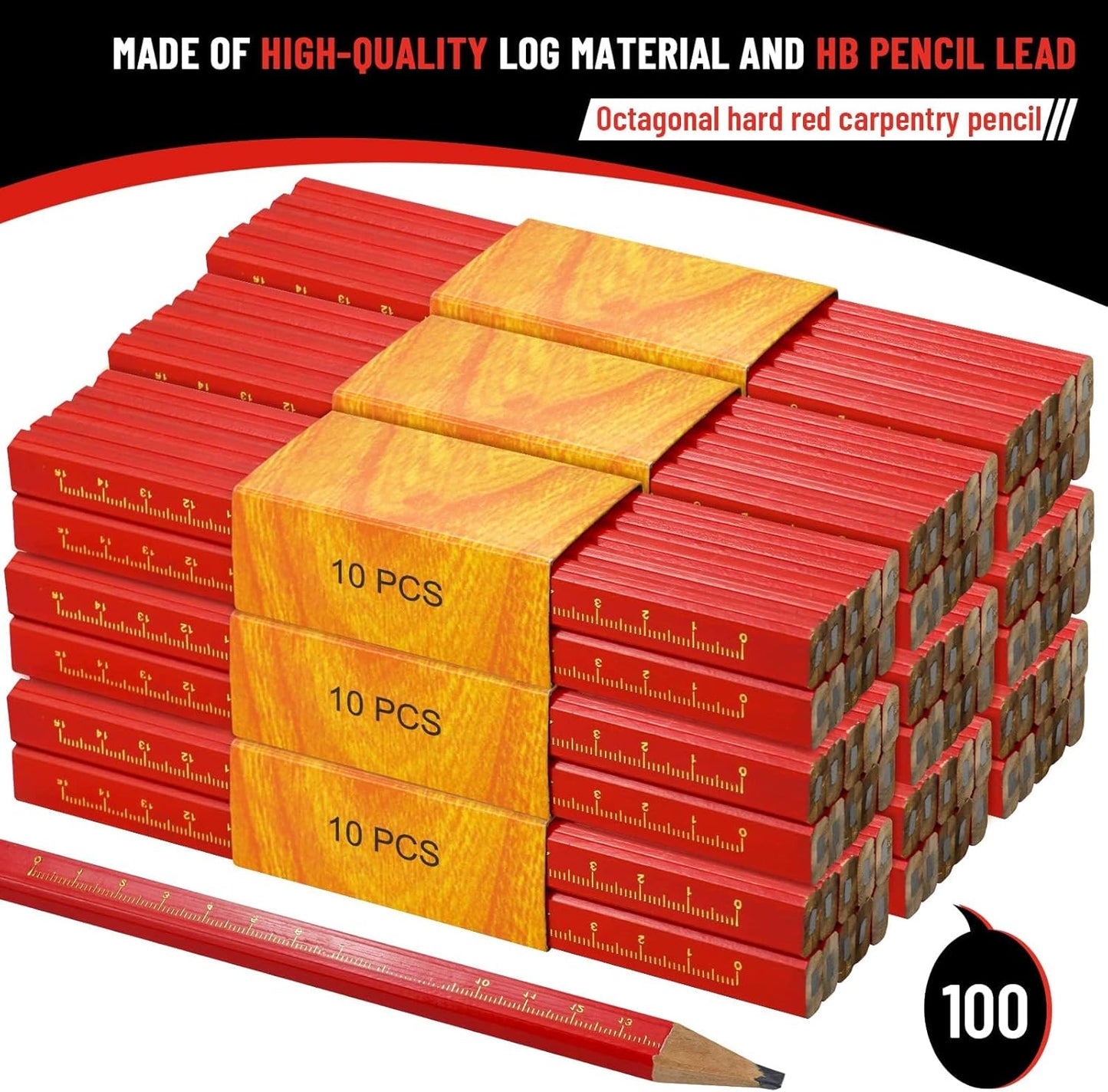 100 Pcs Octagonal Hard Black Carpenter Pencils for Woodworking Marking & Construction Plans