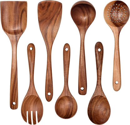 Kitchen Pan Toolset 7 Pieces Set 100% Natural Teak Kitchen Utensils Spatula Wooden Cooking Utensils