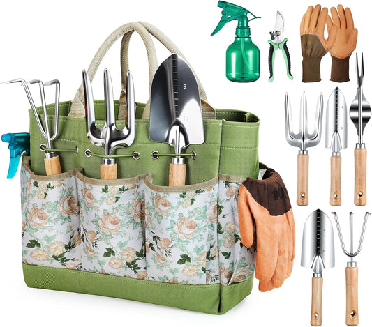 9 Piece Heavy Duty Garden Hand Tools with Fashion and Durable Garden Tools Organizer Handbag
