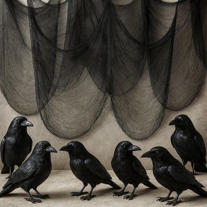 Pack of 7 72x30 Inch Black Spooky Cloth Realistic Black Feathered Crows Scary Decor and Raven Decorations