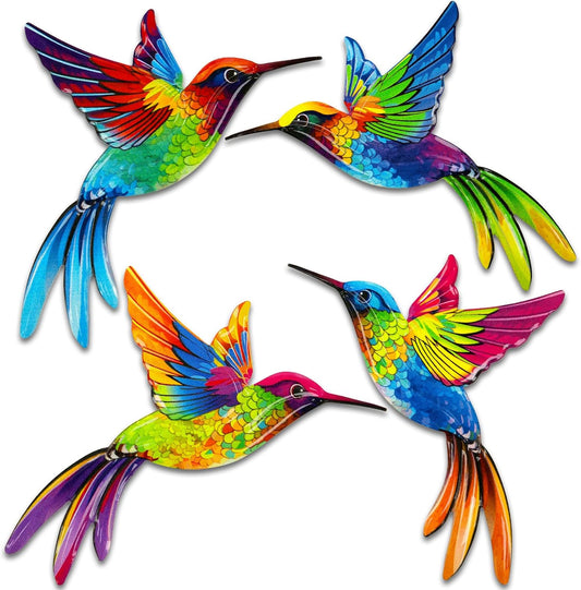 4 Pack Hummingbird Wall Art Decor 3D Colorful Birds Outdoor Wall Art Patio Fence Decorations