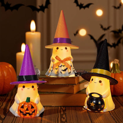 3Pcs Cute Spooky Ceramic Ghost Halloween Decorations Ghost Figurines with Hats