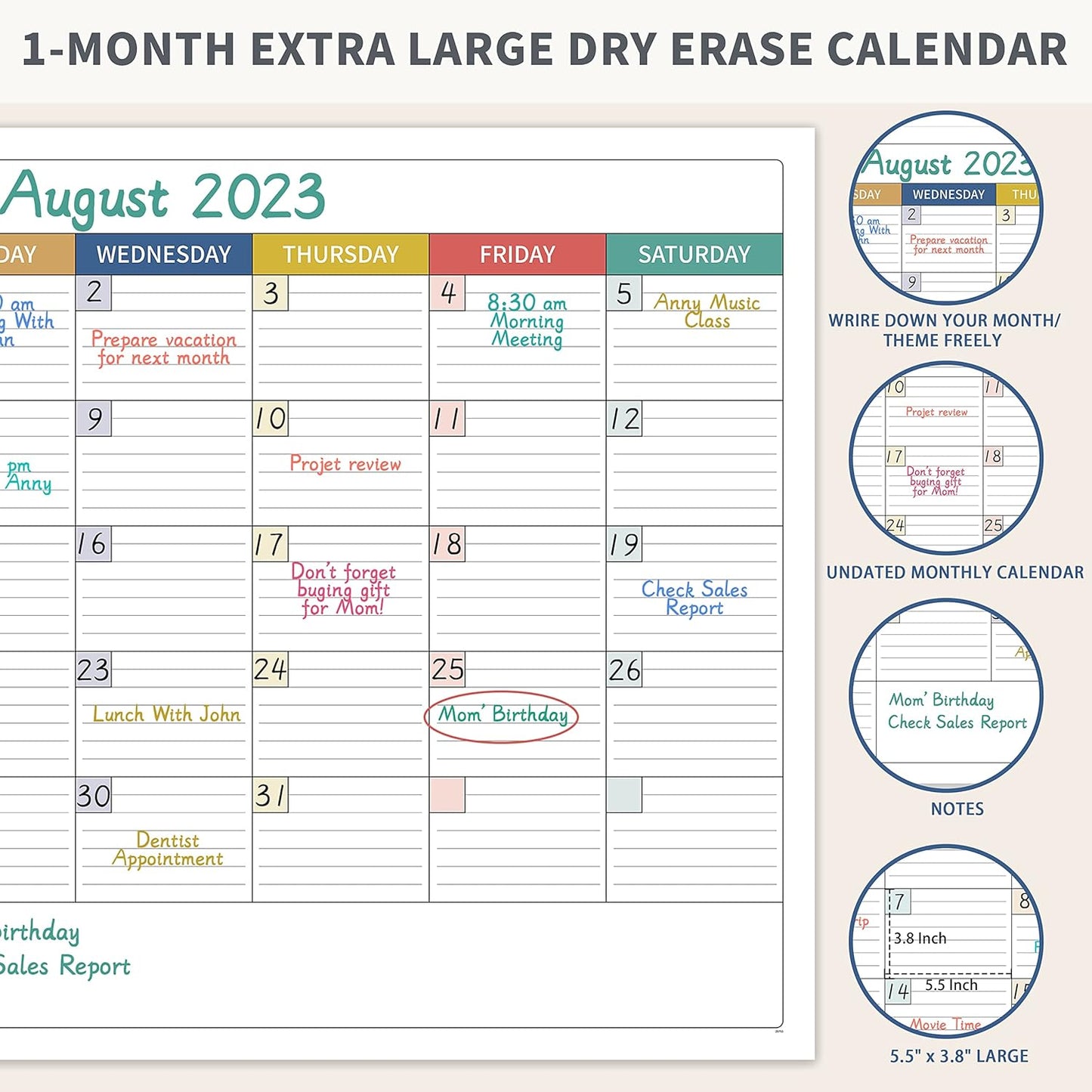 Undated Dry Erase Calendar, Erasable Laminated Calendars for Wall with 8 Round Stickers, 40" x 28" Monthly Calendars for Office