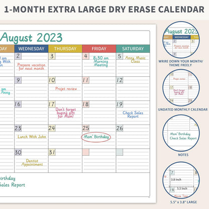 Undated Dry Erase Calendar, Erasable Laminated Calendars for Wall with 8 Round Stickers, 40" x 28" Monthly Calendars for Office