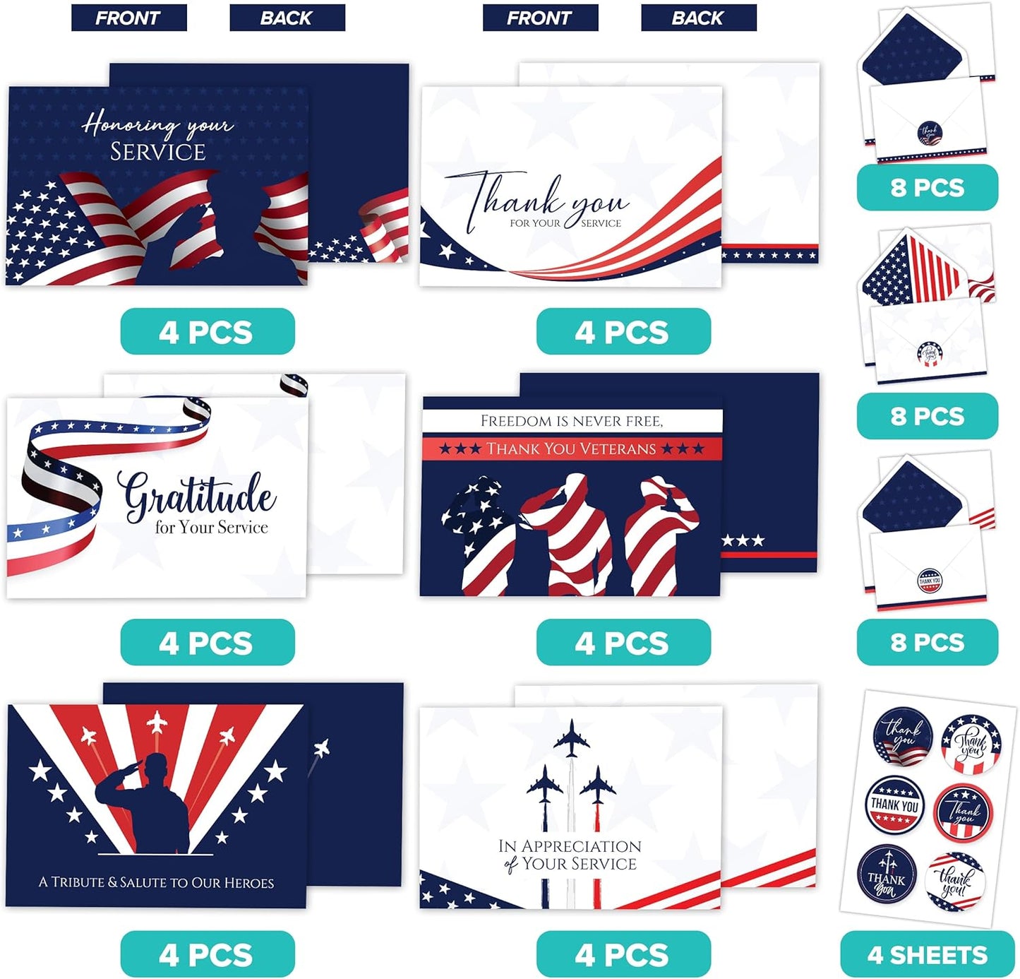 24 Pack 6x4in Veteran Thank You Cards with Envelopes and Stickers 6 Patriotic Designs Thank You for Your Service Cards